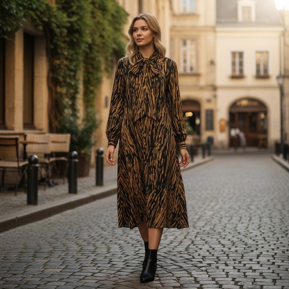 COS Women Tiger Print Tie Neck Midi Dress Mustard Black Size 12 Long Sleeve